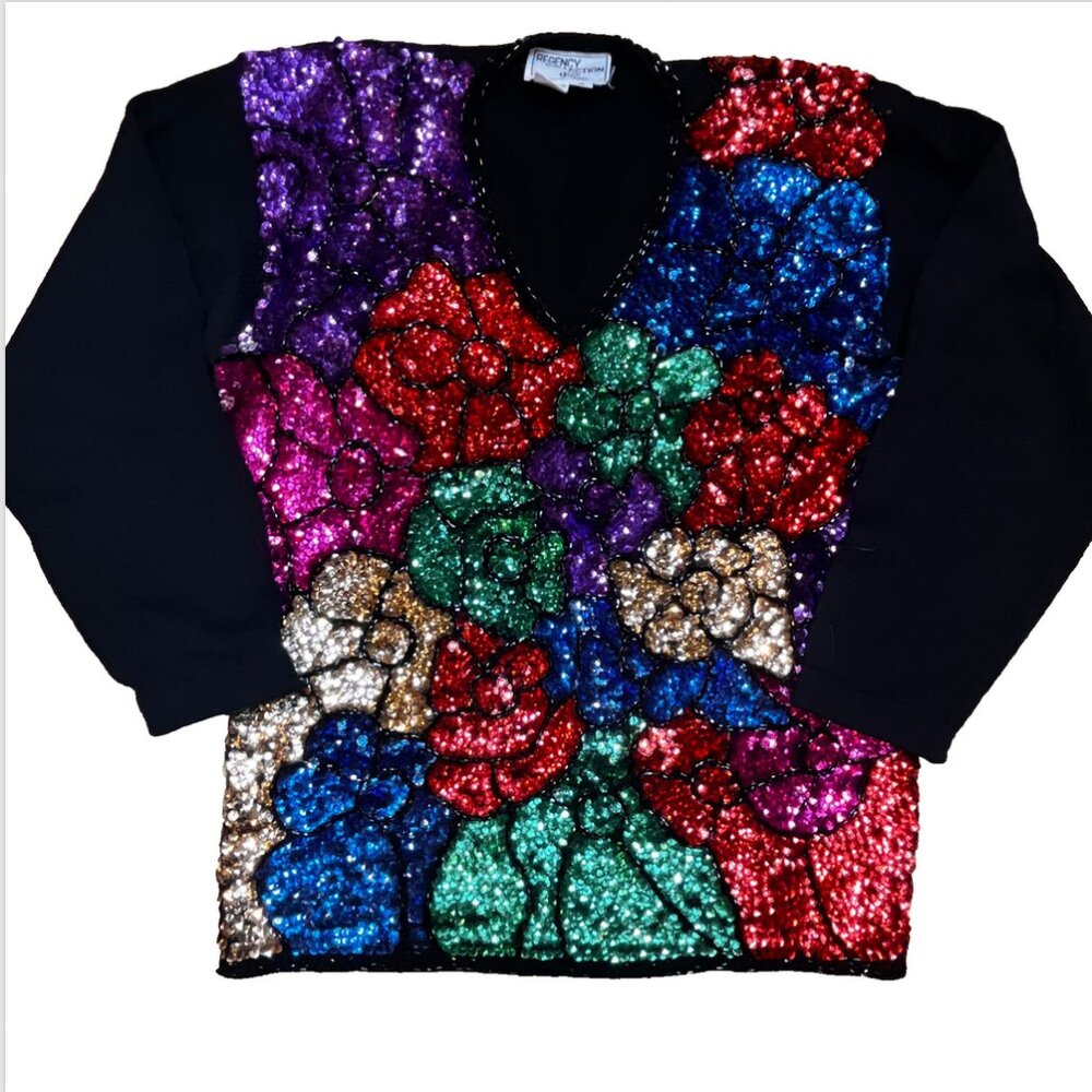 VTG Regency Collection Floral Sequin V-Neck Sweater SZ M 80s Y2K Standout Art